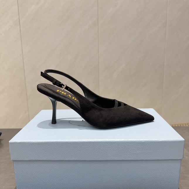 PRADA 26S POINTED TOE SLINGBACK HIGH HEELS 75MM IN BLACK SUEDE