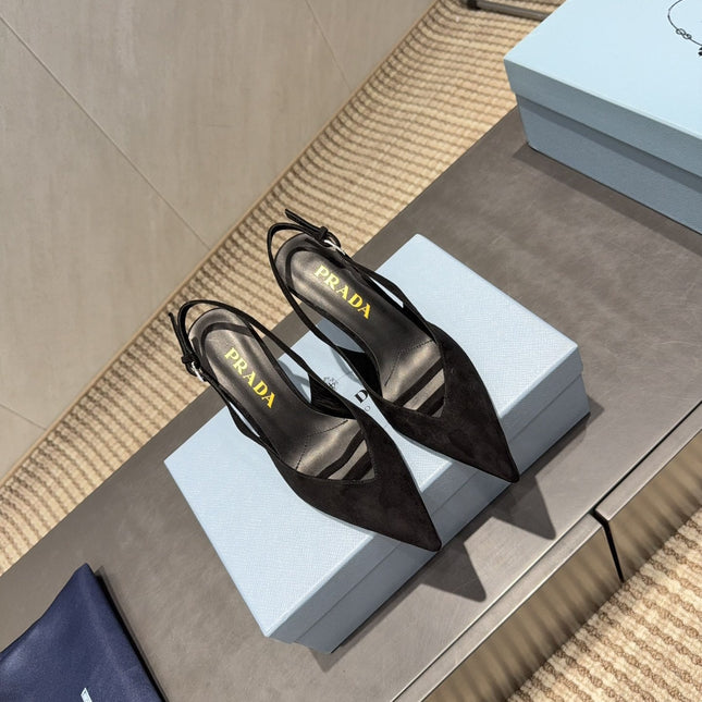 PRADA 26S POINTED TOE SLINGBACK HIGH HEELS 75MM IN BLACK SUEDE