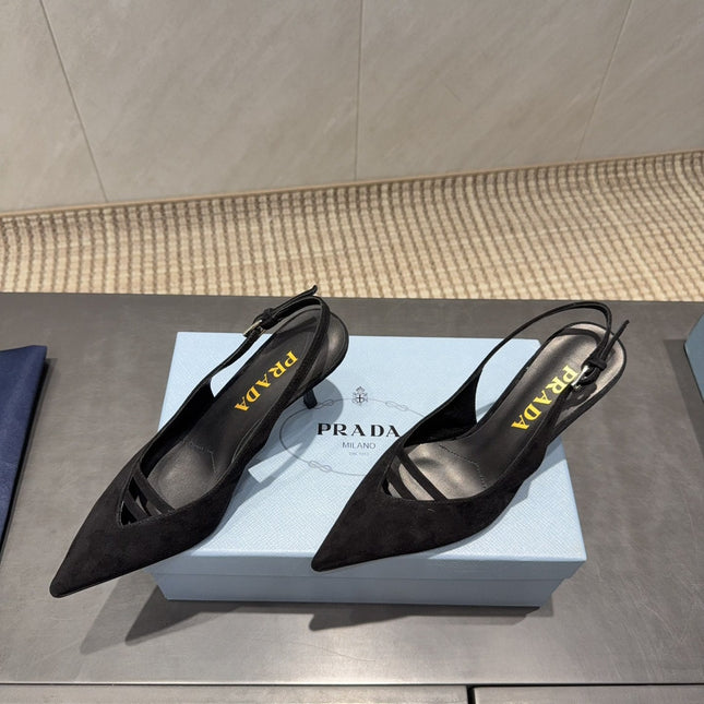 PRADA 26S POINTED TOE SLINGBACK HIGH HEELS 75MM IN BLACK SUEDE