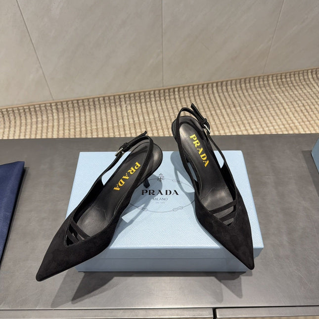 PRADA 26S POINTED TOE SLINGBACK HIGH HEELS 75MM IN BLACK SUEDE