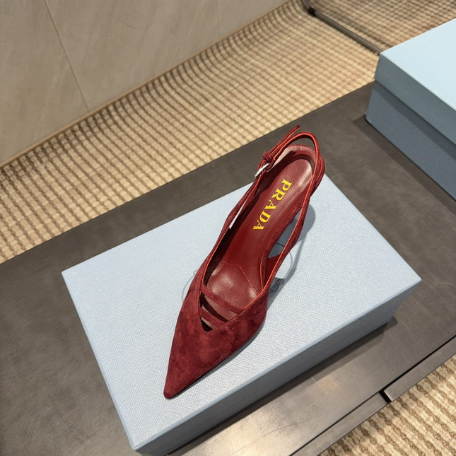 PRADA 26S POINTED TOE SLINGBACK HIGH HEELS 75MM IN DARK RED SUEDE