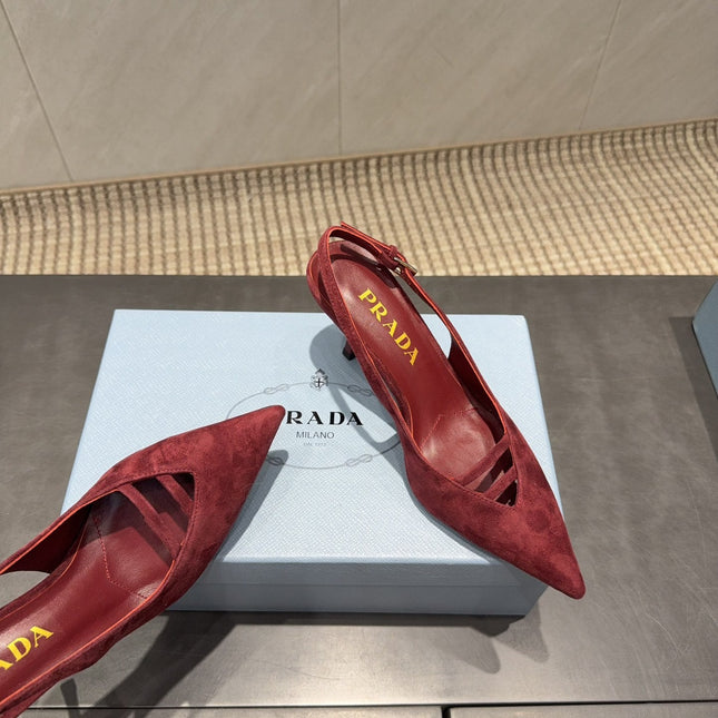 PRADA 26S POINTED TOE SLINGBACK HIGH HEELS 75MM IN DARK RED SUEDE