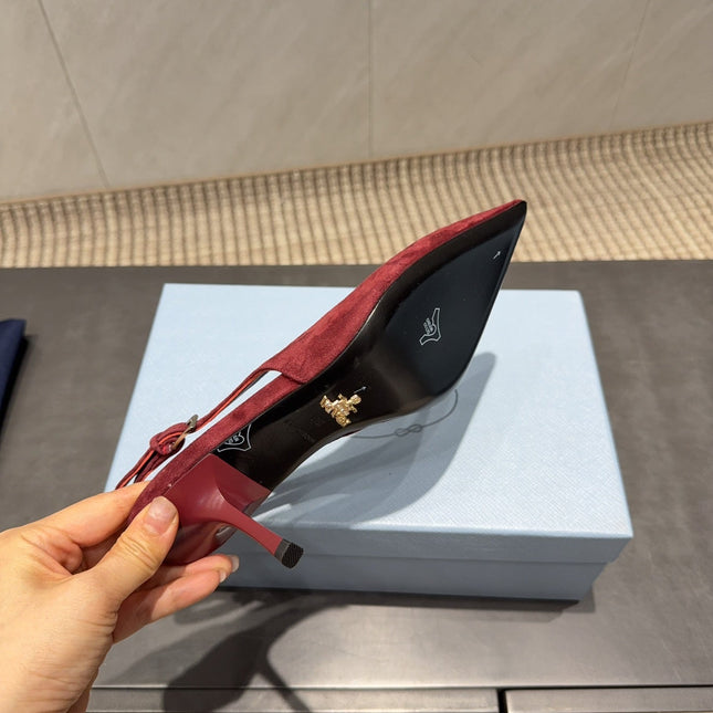 PRADA 26S POINTED TOE SLINGBACK HIGH HEELS 75MM IN DARK RED SUEDE