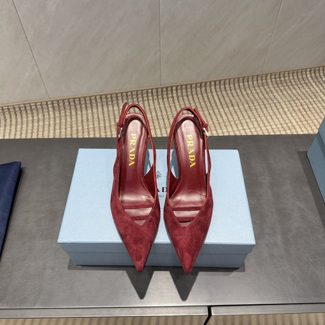 PRADA 26S POINTED TOE SLINGBACK HIGH HEELS 75MM IN DARK RED SUEDE