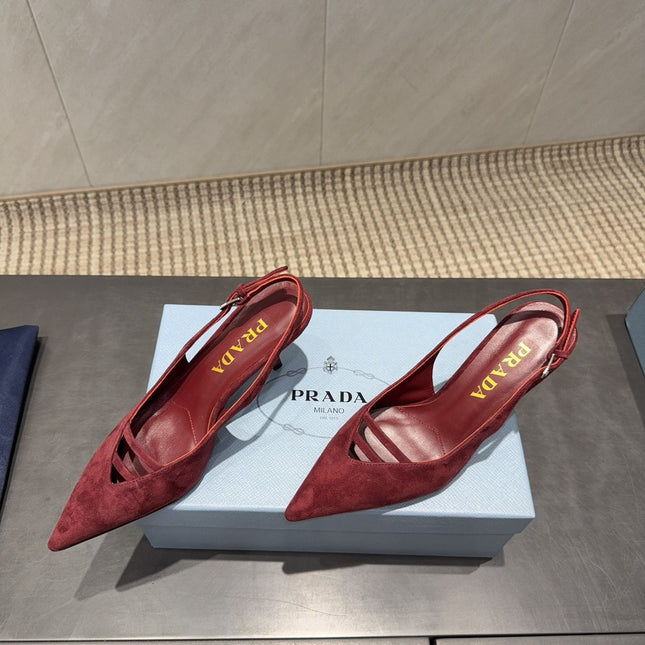 PRADA 26S POINTED TOE SLINGBACK HIGH HEELS 75MM IN DARK RED SUEDE