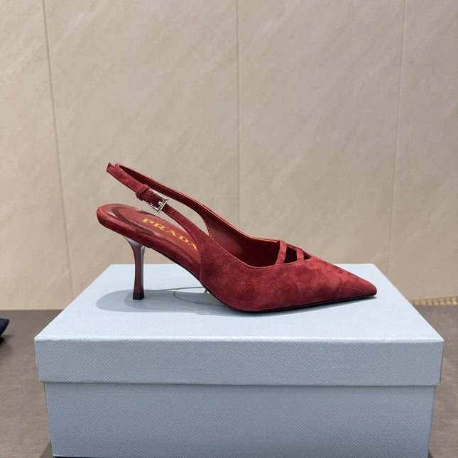 PRADA 26S POINTED TOE SLINGBACK HIGH HEELS 75MM IN DARK RED SUEDE