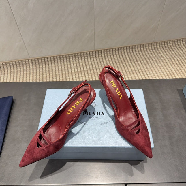 PRADA 26S POINTED TOE SLINGBACK HIGH HEELS 75MM IN DARK RED SUEDE