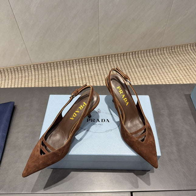 PRADA 26S POINTED TOE SLINGBACK HIGH HEELS 75MM IN DARK BROWN SUEDE