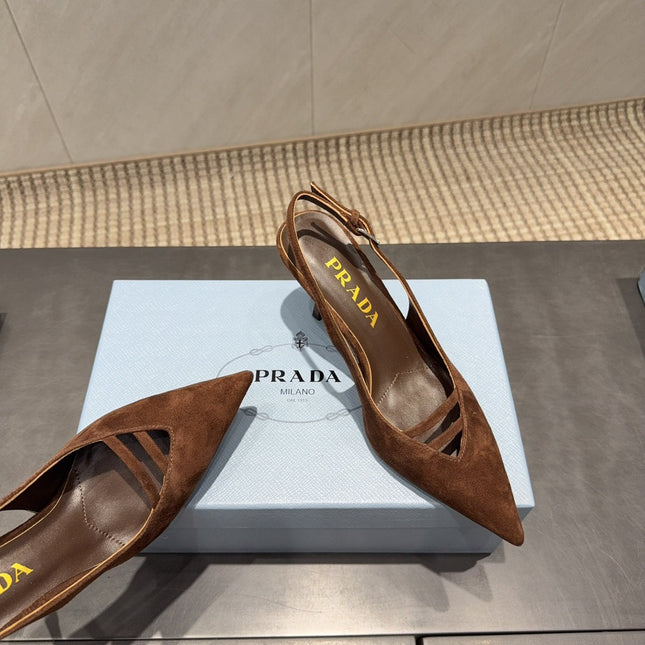 PRADA 26S POINTED TOE SLINGBACK HIGH HEELS 75MM IN DARK BROWN SUEDE