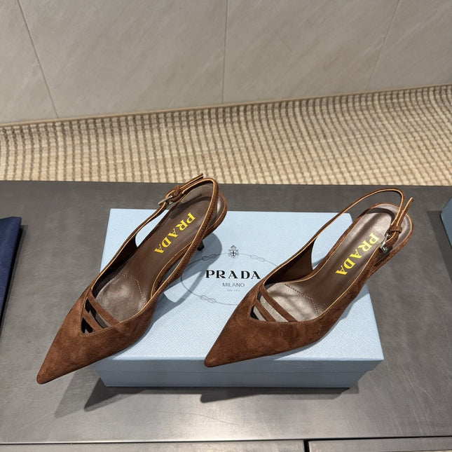 PRADA 26S POINTED TOE SLINGBACK HIGH HEELS 75MM IN DARK BROWN SUEDE