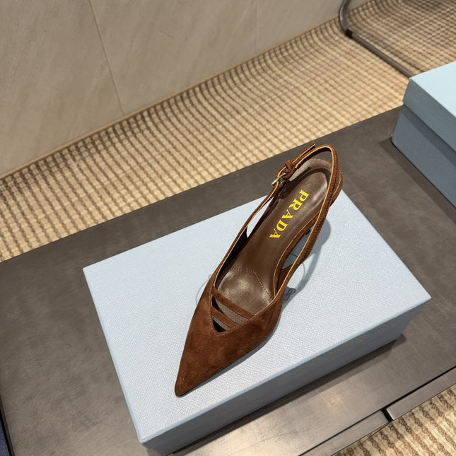 PRADA 26S POINTED TOE SLINGBACK HIGH HEELS 75MM IN DARK BROWN SUEDE