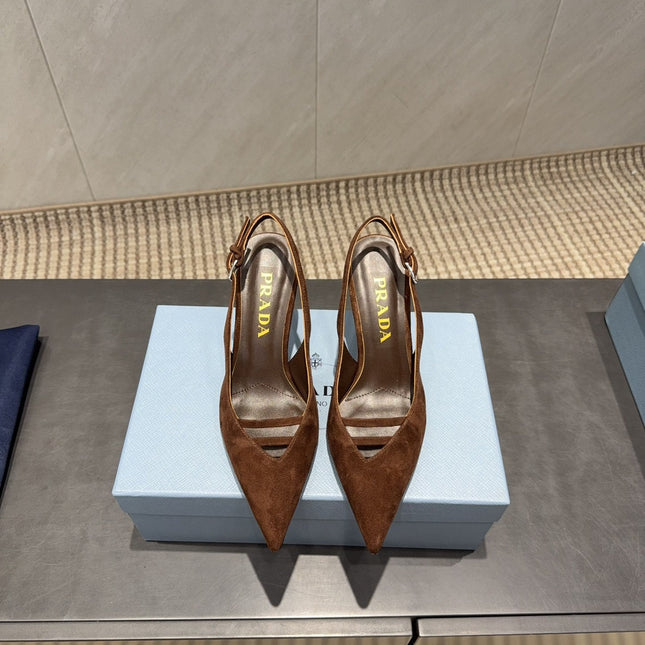 PRADA 26S POINTED TOE SLINGBACK HIGH HEELS 75MM IN DARK BROWN SUEDE