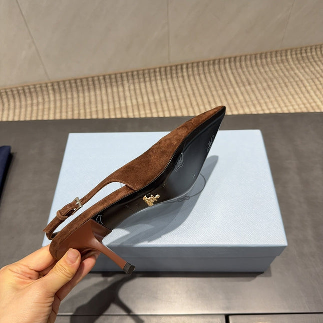 PRADA 26S POINTED TOE SLINGBACK HIGH HEELS 75MM IN DARK BROWN SUEDE
