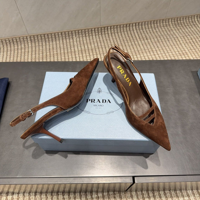 PRADA 26S POINTED TOE SLINGBACK HIGH HEELS 75MM IN DARK BROWN SUEDE