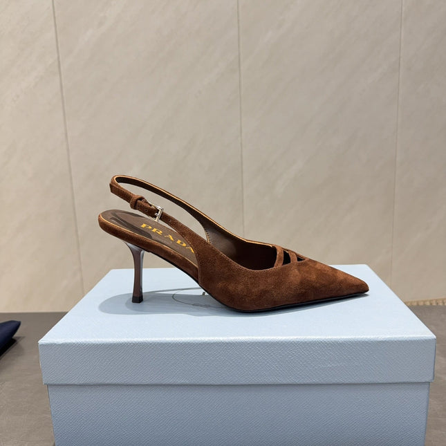 PRADA 26S POINTED TOE SLINGBACK HIGH HEELS 75MM IN DARK BROWN SUEDE