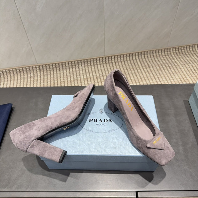 PRADA 26S SQUARE TOE HIGH HEELS 85MM IN TAUPE BROWN SUEDE WITH LOGO