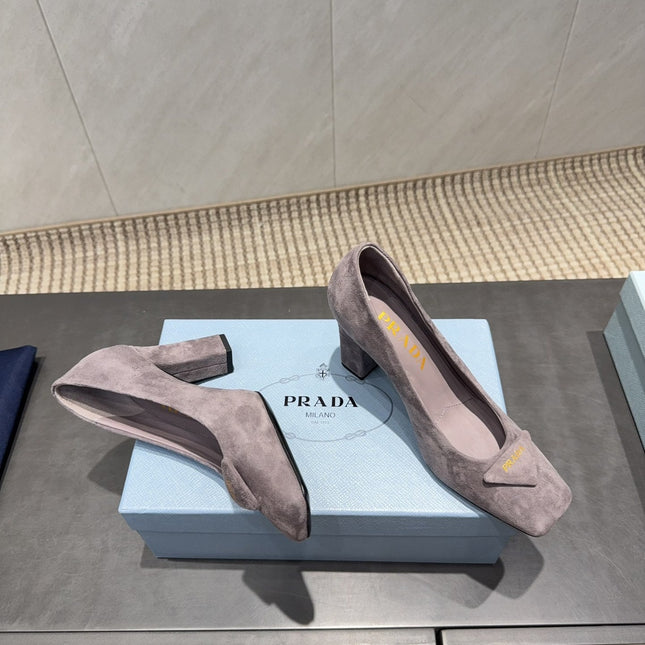 PRADA 26S SQUARE TOE HIGH HEELS 85MM IN TAUPE BROWN SUEDE WITH LOGO