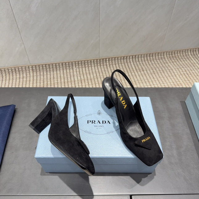 PRADA 26S LOW HEEL SQUARE TOE SLINGBACK SHOES 85MM IN BLACK SUEDE WITH LOGO