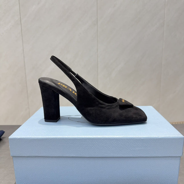 PRADA 26S LOW HEEL SQUARE TOE SLINGBACK SHOES 85MM IN BLACK SUEDE WITH LOGO