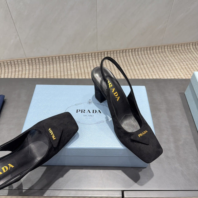 PRADA 26S LOW HEEL SQUARE TOE SLINGBACK SHOES 85MM IN BLACK SUEDE WITH LOGO