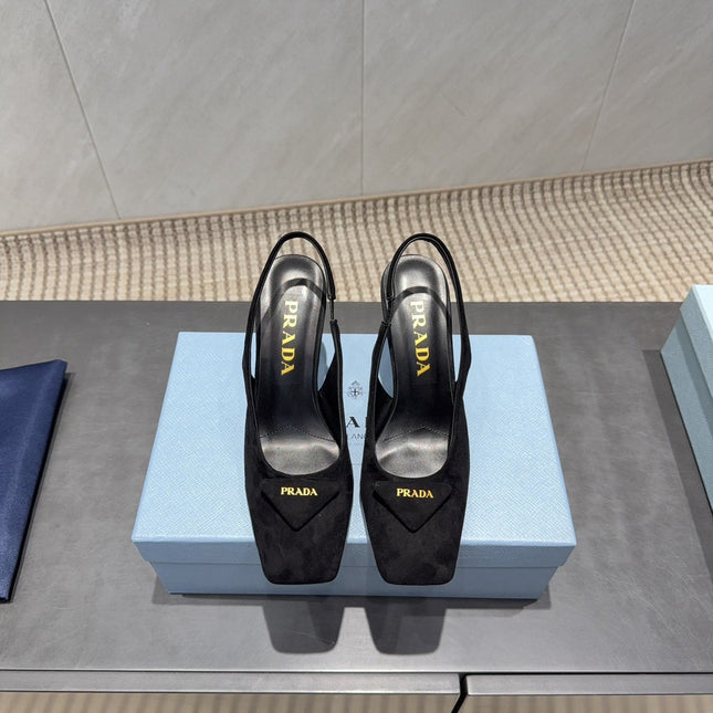 PRADA 26S LOW HEEL SQUARE TOE SLINGBACK SHOES 85MM IN BLACK SUEDE WITH LOGO