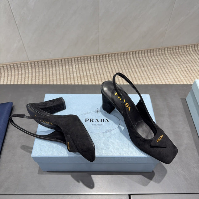 PRADA 26S LOW HEEL SQUARE TOE SLINGBACK SHOES 85MM IN BLACK SUEDE WITH LOGO