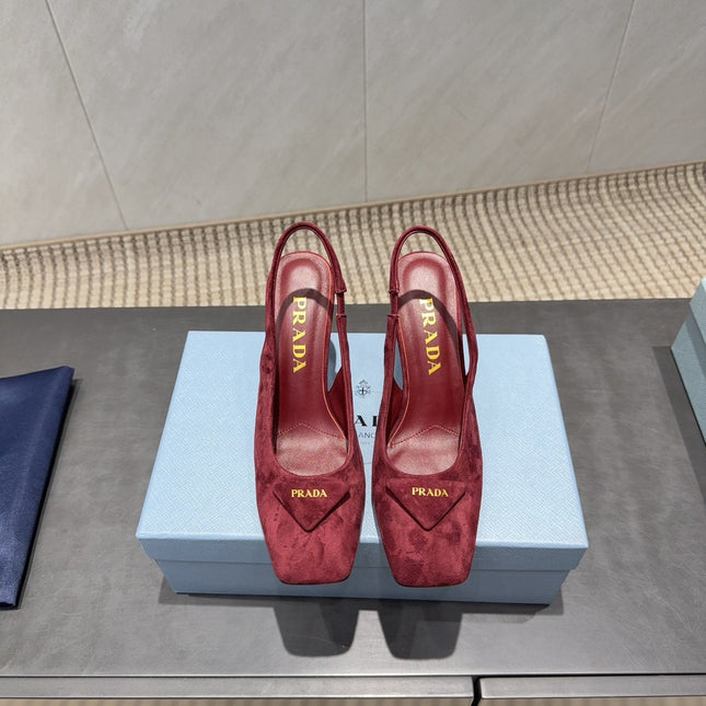 PRADA 26S LOW HEEL SQUARE TOE SLINGBACK SHOES 85MM IN DARK RED SUEDE WITH LOGO