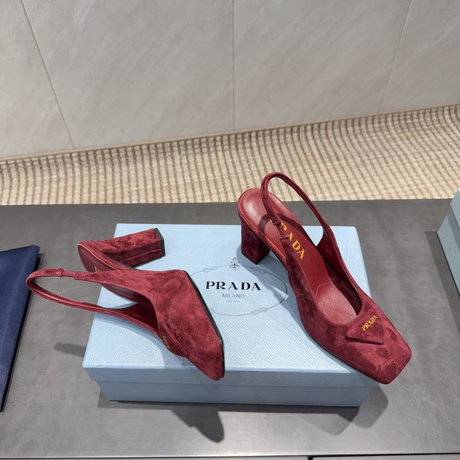 PRADA 26S LOW HEEL SQUARE TOE SLINGBACK SHOES 85MM IN DARK RED SUEDE WITH LOGO