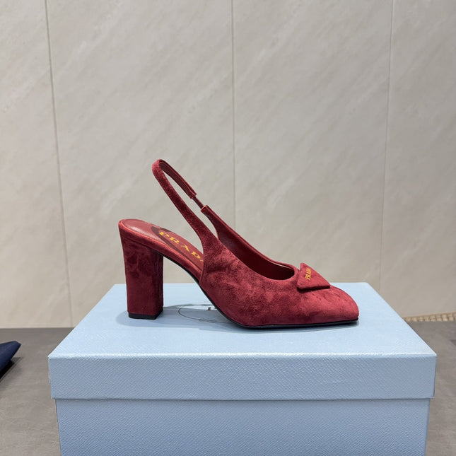 PRADA 26S LOW HEEL SQUARE TOE SLINGBACK SHOES 85MM IN DARK RED SUEDE WITH LOGO