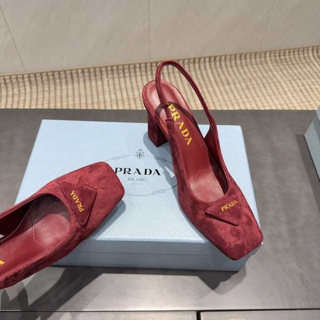 PRADA 26S LOW HEEL SQUARE TOE SLINGBACK SHOES 85MM IN DARK RED SUEDE WITH LOGO