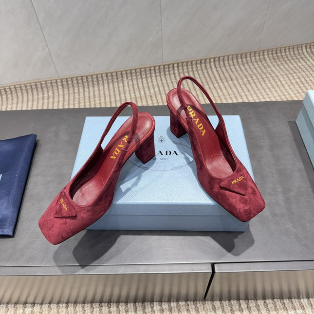 PRADA 26S LOW HEEL SQUARE TOE SLINGBACK SHOES 85MM IN DARK RED SUEDE WITH LOGO
