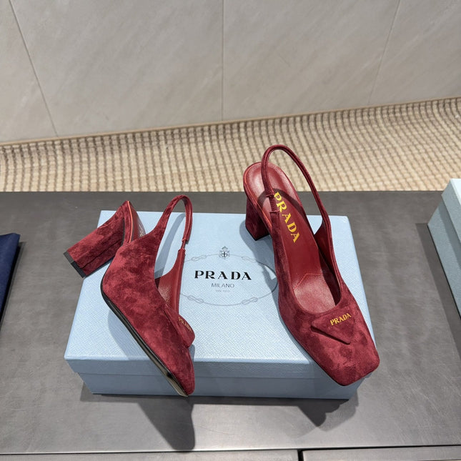 PRADA 26S LOW HEEL SQUARE TOE SLINGBACK SHOES 85MM IN DARK RED SUEDE WITH LOGO