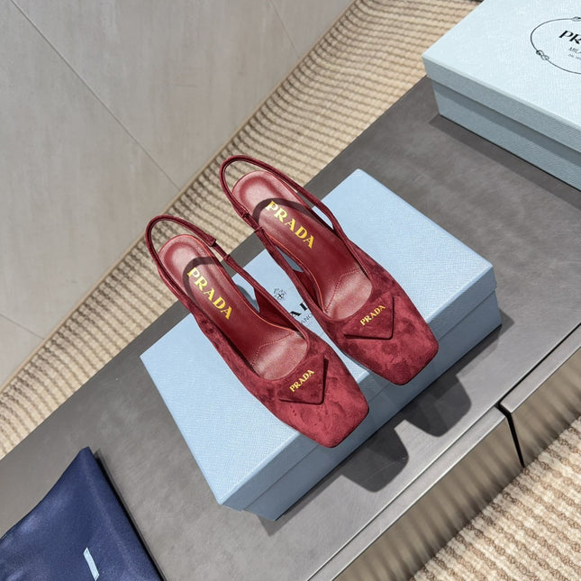 PRADA 26S LOW HEEL SQUARE TOE SLINGBACK SHOES 85MM IN DARK RED SUEDE WITH LOGO