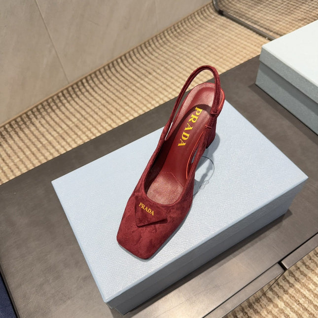 PRADA 26S LOW HEEL SQUARE TOE SLINGBACK SHOES 85MM IN DARK RED SUEDE WITH LOGO