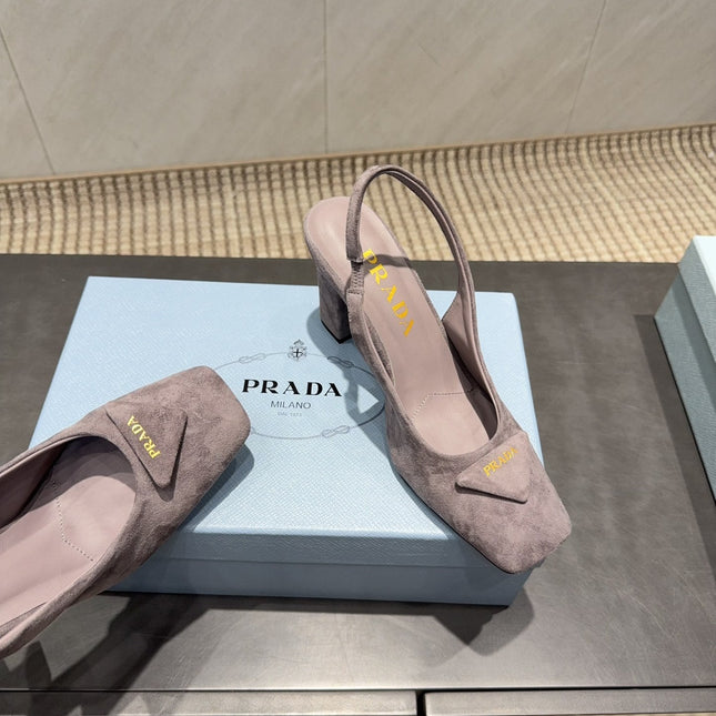 PRADA 26S LOW HEEL SQUARE TOE SLINGBACK SHOES 85MM IN TAUPE BROWN SUEDE WITH LOGO