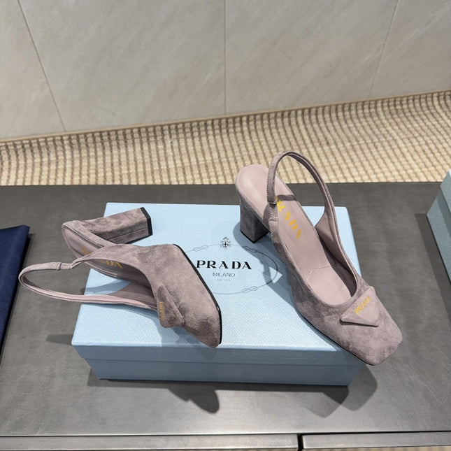 PRADA 26S LOW HEEL SQUARE TOE SLINGBACK SHOES 85MM IN TAUPE BROWN SUEDE WITH LOGO