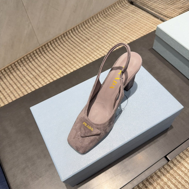 PRADA 26S LOW HEEL SQUARE TOE SLINGBACK SHOES 85MM IN TAUPE BROWN SUEDE WITH LOGO