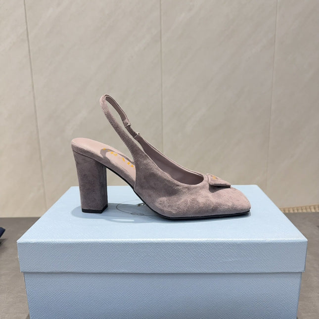 PRADA 26S LOW HEEL SQUARE TOE SLINGBACK SHOES 85MM IN TAUPE BROWN SUEDE WITH LOGO
