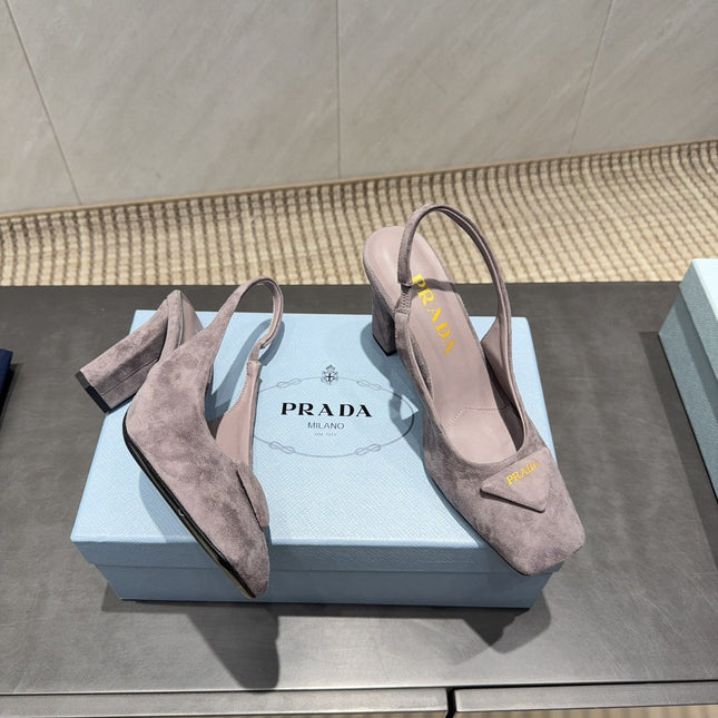 PRADA 26S LOW HEEL SQUARE TOE SLINGBACK SHOES 85MM IN TAUPE BROWN SUEDE WITH LOGO