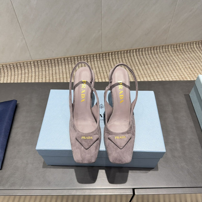 PRADA 26S LOW HEEL SQUARE TOE SLINGBACK SHOES 85MM IN TAUPE BROWN SUEDE WITH LOGO