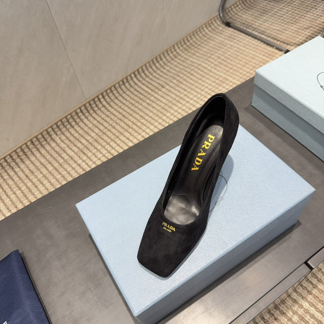 PRADA 26S SQUARE TOE HIGH HEELS 85MM IN BLACK SUEDE