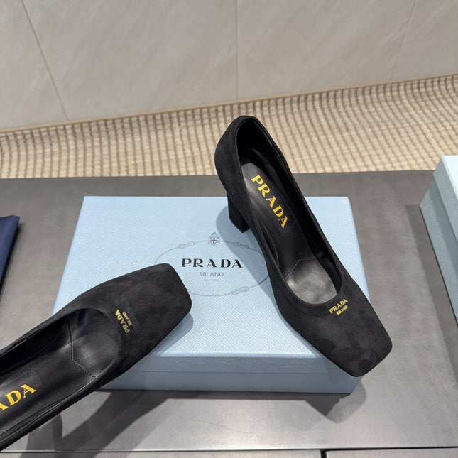 PRADA 26S SQUARE TOE HIGH HEELS 85MM IN BLACK SUEDE