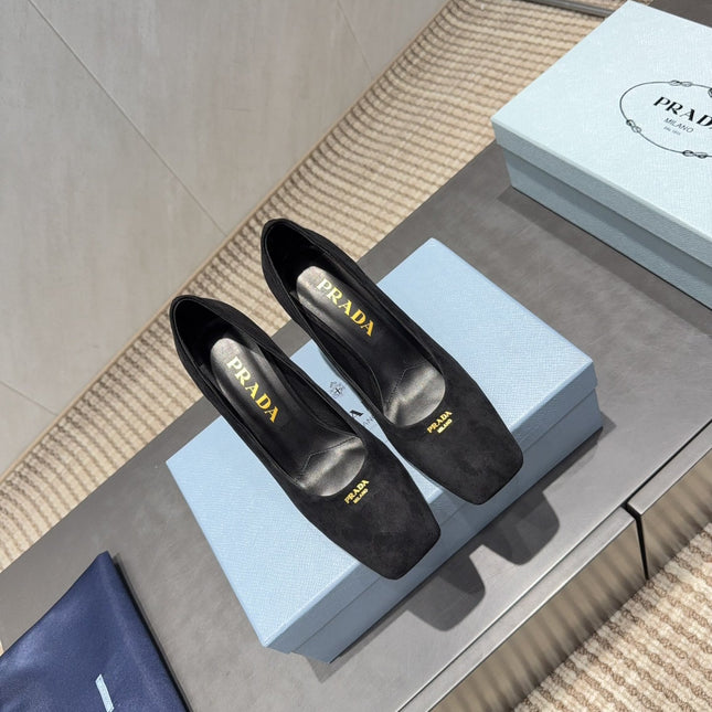 PRADA 26S SQUARE TOE HIGH HEELS 85MM IN BLACK SUEDE