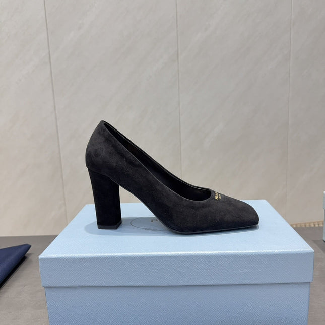 PRADA 26S SQUARE TOE HIGH HEELS 85MM IN BLACK SUEDE