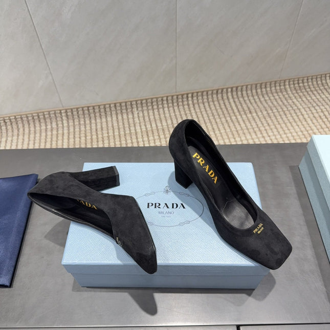 PRADA 26S SQUARE TOE HIGH HEELS 85MM IN BLACK SUEDE