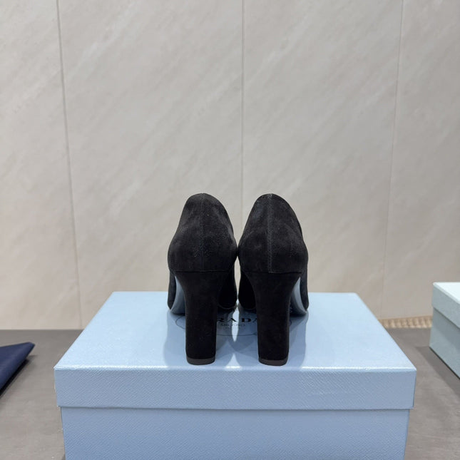 PRADA 26S SQUARE TOE HIGH HEELS 85MM IN BLACK SUEDE