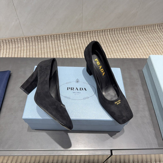PRADA 26S SQUARE TOE HIGH HEELS 85MM IN BLACK SUEDE