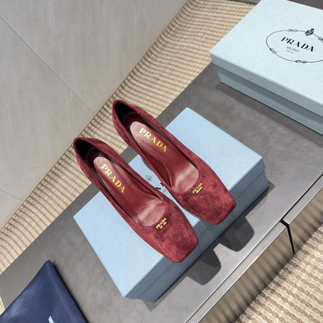 PRADA 26S SQUARE TOE HIGH HEELS 85MM IN DARK RED SUEDE