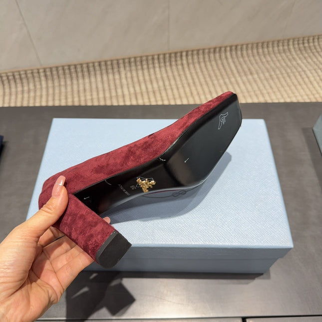 PRADA 26S SQUARE TOE HIGH HEELS 85MM IN DARK RED SUEDE