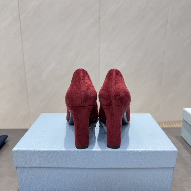PRADA 26S SQUARE TOE HIGH HEELS 85MM IN DARK RED SUEDE